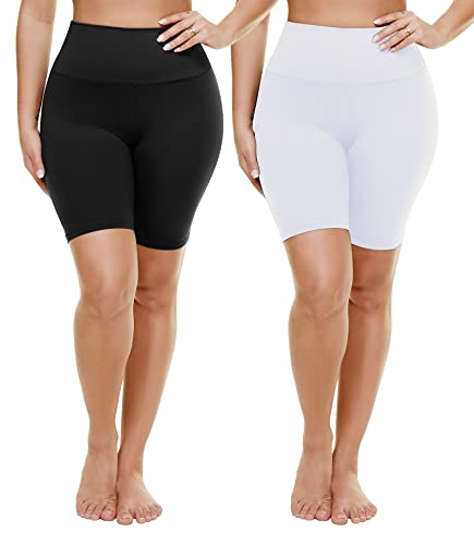 TNNZEET 2 Pack Plus Size Biker Shorts for Women - 8" Black High Waisted Tummy Control Spandex Workout Shorts (XL-4XL)