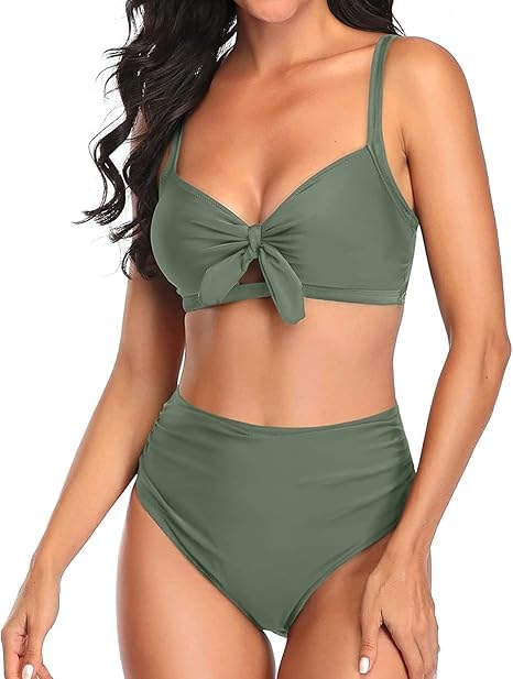 DREAM X FASHION Women Two Piece Swimsuits High Waisted Bikini Set Tummy Control Full Coverage Ruched Tie Knot Bathing Suits