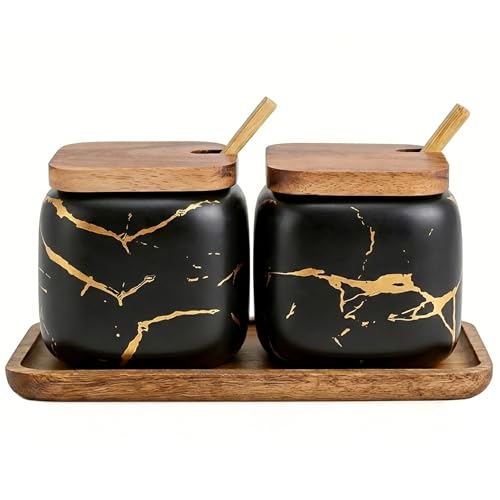 EIMQUVW Sets of 2 Marble Ceramic Seasoning Jars Ceramic Sugar Salt Bowl Condiment Pots with Wooden Lids,Wooden Spoon and Wooden Tray (Black)