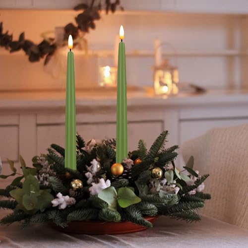 Image of CVHOMEDECO. Flameless Taper Candles with 10-Key Remote, Battery Operated Led Flickering 3D Wick Window Candles Real Wax Finished Home Christmas Party Decor 0.78 x 11 Inch, Pack of 2, Sage Green
