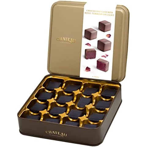Rose Turkish Delight Lokum Covered with Chocolate in Gift Box Tin, 300g, 16 Pieces, Chateau de Mediterranean Cover