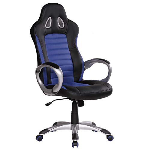 Preisvergleich Produktbild FineBuy Bürostuhl RACING Blau Gaming Chefsessel mit Armlehne gepolstert Racer Sport-Sitz Drehstuhl Kopfstütze Race Schreibtischstuhl Gamer Design Modern Drehsessel mit Wippfunktion bis 120KG Leder-Optik