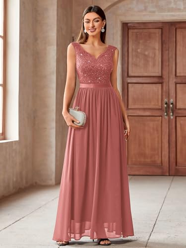 Image of Miusol Women's Sexy Deep V-Neck Sequin Lace Double Sleeveless Evening Party Maxi Dress