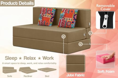 Image of Rosebell 2 Seater Foldable Sofa Cum Bed (4x6 Feet) Jute Fabric, Washable Removable Cover, Includes 2 Cushion | Space Saving Sofa Bed for Home, Office-Golden