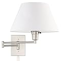 Kira Home Cambridge 15" Swing Arm Wall Lamp - Plug in/Wall Mount + White Fabric Shade, 150W 3-Way + Cord Covers, Satin Nickel Finish