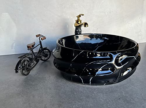 Image of Designer Glossy Finish Ceramic Art Table Top Wash Basin For Bathroom | Collapsible Countertop Washbasin (Black White Glossy Art, 16 x 13 x 6 Inch)