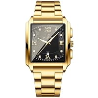 FILIEKEU Masculino Quadrado de Luxo Quartzo Aço inoxidável negócios Casual com Data à Prova D'água Luminoso (Preto-dourado)