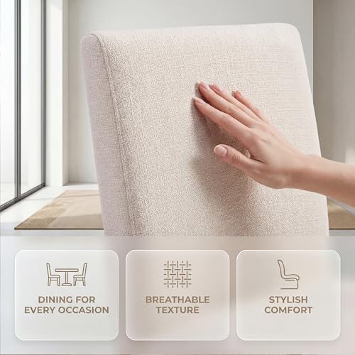 Image of HNY Modern Dining Chairs Set of 4, Upholstered Linen Dining Room Chairs with Ergonomic Back & Polished Silver Metal Frame for Home, Kitchen, Apartment, Cream