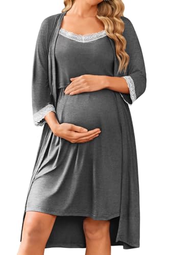 Image of Ekouaer Women Lace Maternity Nursing Gown and 3/4 Sleeve Robe Set Double Layer Breastfeeding Nightgown Slip Dress & Bathrobe