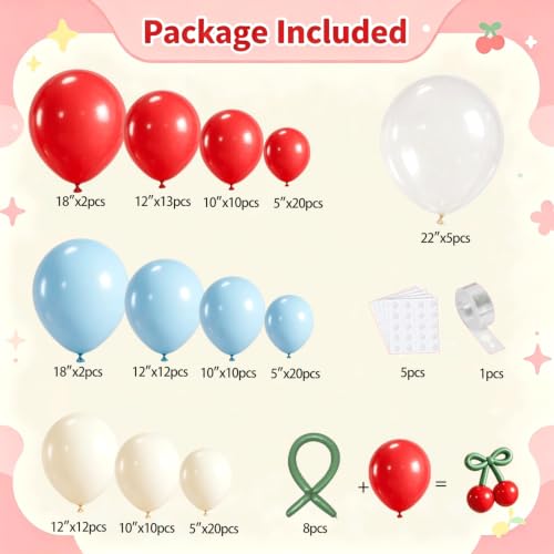 Image of Blocesa Cherry Red White and Blue Balloons Arch Kit, Cherry Party Decor.