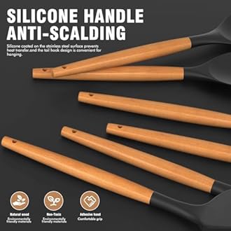 Silicone Cooking Utensils Set - AVGPD Silicone Kitchen Utensils for Cooking Wooden Handles, 446°F Heat Resistant Kitchen Utensil Spatula Sets, Gadgets for Non-Stick Cookware BPA FREE (Black)