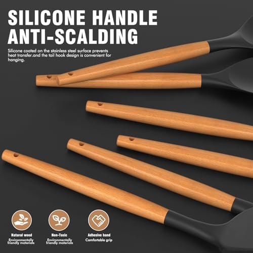 Silicone Cooking Utensils Set - Silicone Kitchen Utensils for Cooking Wooden Handles, 446°F Heat Resistant Kitchen Utensil Spatula Sets w Holder, Gadgets for Non-Stick Cookware BPA Free (Black) - 1