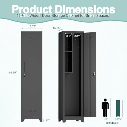 Image of Slim Cabinet for Small Spaces, Metal Bathroom Storage Cabinet with Shelves, Hooks, Narrow Locking Cabinets with 2 Keys, 65 inch H Tall Storage for Home Office, Living Room, Dining Room, Black