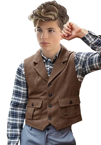 Boys Tweed Vest Retro Herringbone Kids Suit Vest with Pocket Toddler Sleeveless Waistcoat2