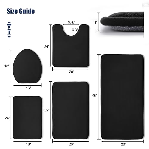 Image of YIHOUSE Bathroom Rug Set 5 Piece, Memory Foam Bath Mat Set, Super Absorbent Bath Mats for Bathroom - Non-Slip Washable Dry Quickly Bath Rugs, Black