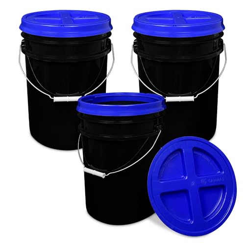 Image of ePackageSupply 5 Gallon Bucket - Food Grade w /Lid BPA-Free, Black /Blue, 3 | Airtight Gamma Seal Screw-On Lid, Heavy-Duty 90 Mil HDPE Plastic, Food Safe and Durable Container, Bulk Storage, Made in USA