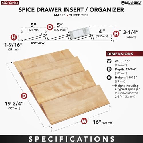 Image of Rev-A-Shelf 3-Tier Wood Trim-to-Custom-Fit Spice Rack Drawer Insert, 16 inch x 19.75 inch, Maple - Drop-In Seasoning Jars Storage Tray Organizer for Kitchen Cabinet and Pantry Organization, 4SDI-18
