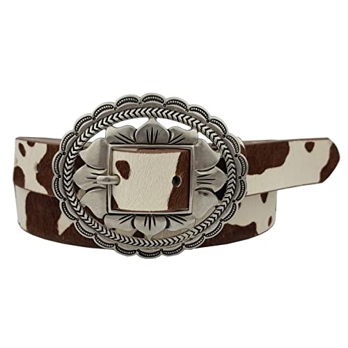 Western Oval Buckle w. genuine cow print hair leather belt