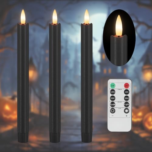 Image of Black Flameless Taper Candles with Remote and Timer, Real Wax, 3 Pack | 9.64 inch real wax LED candlesticks with 3D flickering flame for Halloween windows, dining tables, mantels and parties.