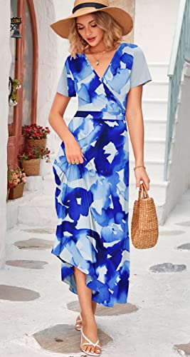 Image of WNEEDU Women's Summer Maxi Dress Short Sleeves Wrap V Neck Long Dresses with Pockets