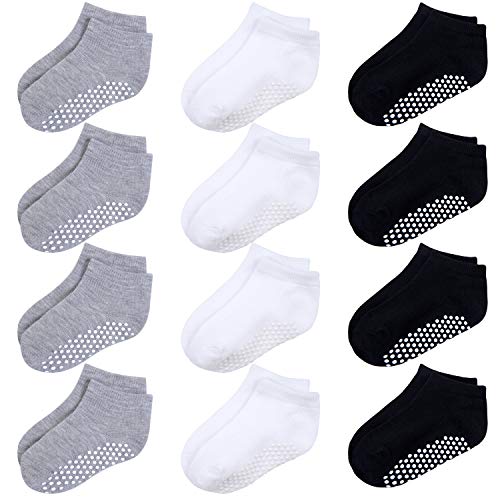 Cooraby 12 Pairs Kids' Non Slip Half Cushion Low Cut Socks Non-Skid Classic Ankle Socks (White, Black, Gray, 2-4 Years)