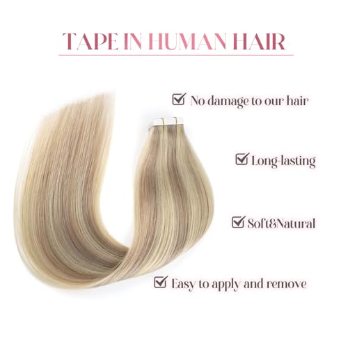 Image of Sixstarhair Tape in Hair Extensions Human Hair Highlighted Blonde to Medium Blonde Remy Human Hair Ombre Blonde Tape in Hair Extensions Soft Real Human Hair 50g 20pcs [P16 /22 16inch]