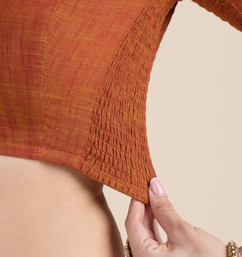 Image of Studio Shringaar Women's Handloom Cotton Side Stretchable (Smocked) Readymade Saree Blouse with Crochet Neckline