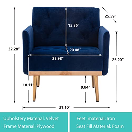 Joybase Velvet Accent Chair, Velvet Armchair, Mid Century Modern Chair With Metal Legs, Tufted Accent Chair, Comfy Reading Chair, Arm Chair For Living Room, Bedroom (Navy Blue) #TOP1