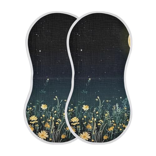 Muslin Burp Cloth for Baby 2PCS Moon Night Daisy Field Super Absorbent Burping Cloths, Bibs for Newborn Boys Girls
