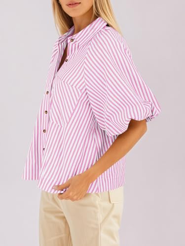 Image of Tankaneo Womens Short Puff Sleeve Button Down Shirts Striped Trendy Casual Loose Fit Blouse V Neck Collared Tops