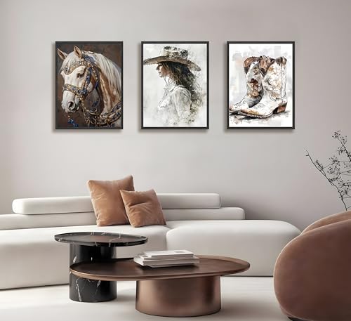 Image of 3pcs Western Vintage Cowgirl Canvas Prints Wall Art 12x16 inches Unframed | Cowboy,Horse,Boots Art Prints, Rustic Farmhouse Country Poster, Room Bedroom Dorm Decor