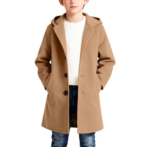 Abrigo Largo de Lana para Niñas y Niños,Gabardina Manga Larga con Capucha con Botonadura y Bolsillos Elegante Cálido Cómodo Parka Color Sólido Casual Trench Coat Ropa Adolescente Otoño e Invierno