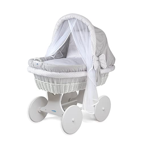 Waldin Baby Stubenwagen-Set mit Ausstattung, XXL, Bollerwagen, komplett, 24 Modelle wählbar, Gestell/Räder grau lackiert, Stoffe grau/Punkte grau