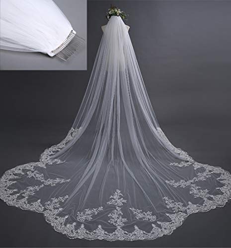 Velo de novia para bodas religiosas de dos capas con encaje floral y tul suave de 4 metros