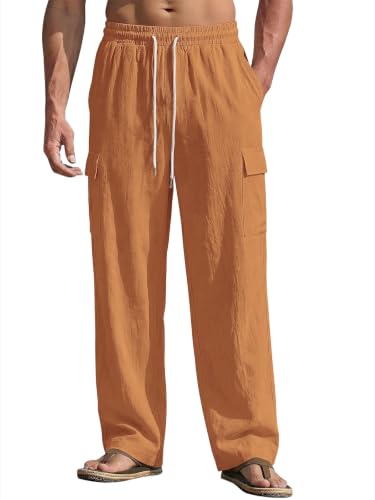 Image of Men's Linen Pants Casual Cargo Pants with Pockets Lightweight Elastic Waist Drawstring Pants Baggy Beach Pants