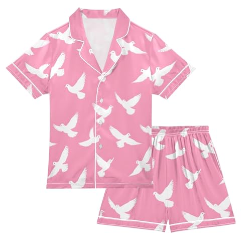 White Dove Pattern Summer Satin Pajama Set, Cute Button-Down Sleepwear Pj Set for Sleep Wears