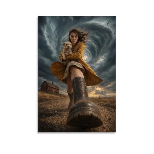 Póster de pared de mujer y perro con tornado, lienzo decorativo de 16x24" para salón