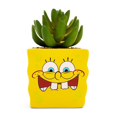 Silver Buffalo Nickelodeon Spongebob Squarepants Face 3-Inch Ceramic Mini Planter with Artificial Succulent | Flower Pot Faux Indoor Plants