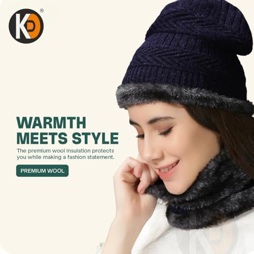 Image of K D Winter Wear 3-in-1 Cap Muffler Gloves Set for Adults | Woolen Beanie Cap, Mafler Scarf & Hand Gloves | Thermal, Fleece-Lined, Unisex Winter Accessories (Gloves /Cap-Mafler - Blue)