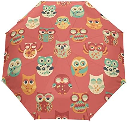 JHKKU Portable Automatic Folding Owl Cartoon Umbrella, Windproof Rainproof Compact Travel Rain Umbrellas