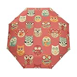JHKKU Portable Automatic Folding Owl Cartoon Umbrella, Windproof Rainproof Compact Travel Rain Umbre