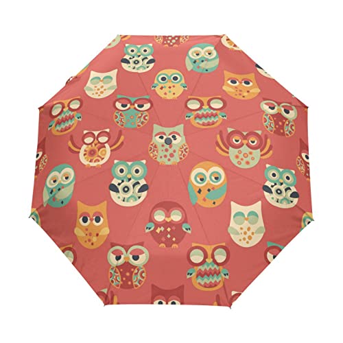Jhkku Portable Automatic Folding Owl Cartoon Umbrella, Windproof Rainproof Compact Travel Rain Umbrellas #TOP2