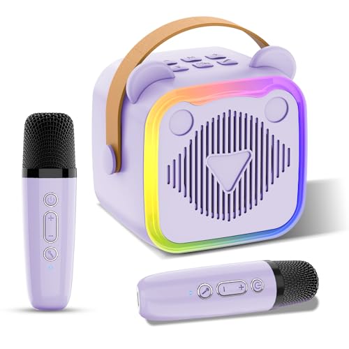 Mini Karaoke Machine for Kids, Portable Karaoke Machine with 2 Wireless Microphones and LED Lights...