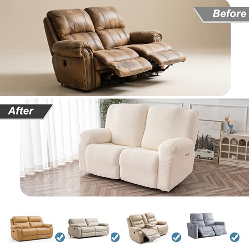 Image of Genina Recliner Loveseat Cover Stretch Couch Covers Sofa slipcover for 2 Seat Reclining Couch Thick Jacquard Furniture Protector (Beige)