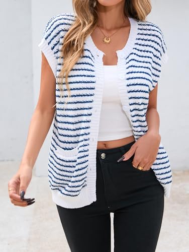 Image of Famulily Womens Cap Sleeve Button Down Sweater Knit Top Summer Cute Striped Cardigan Sweaters with Patch Pockets