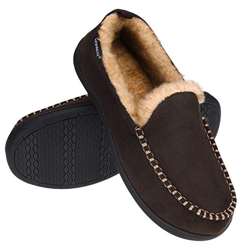Men's Moccasin Slippers Fuzzy House Shoes Fluffy Fur Winter Warm Memory Foam Indoor Outdoor, Coffee, Size 10