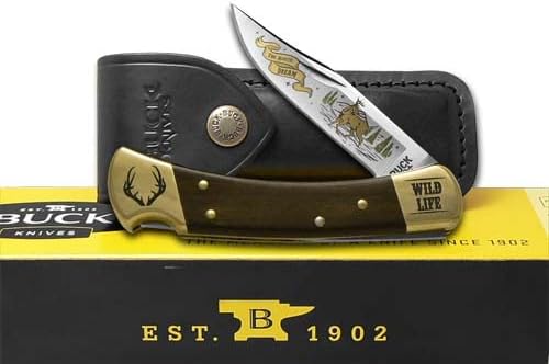 Buck 110 Wild Life Series Deer Ebony Wood Folding Hunter 420HC Stainless Pocket Knife Knives, Black (BK110WLS-DEER)