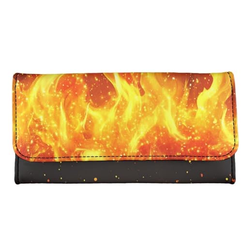 Image of AFPANQZ Leather Wallets for Women, Flame Print RFID Blocking Checkbook Wallet with Cit Card Slots Phone Holder Zip Pocket, Buckle Closure, Ladies Purse