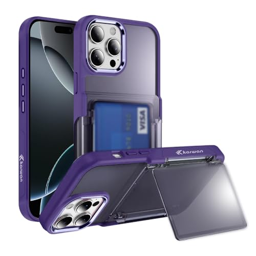 Image of KARWAN Shockproof Translucent Cardholder Back Case Cover Compatible with iPhone 15 Pro Hybrid with Strong Minimalist Design (Purple)