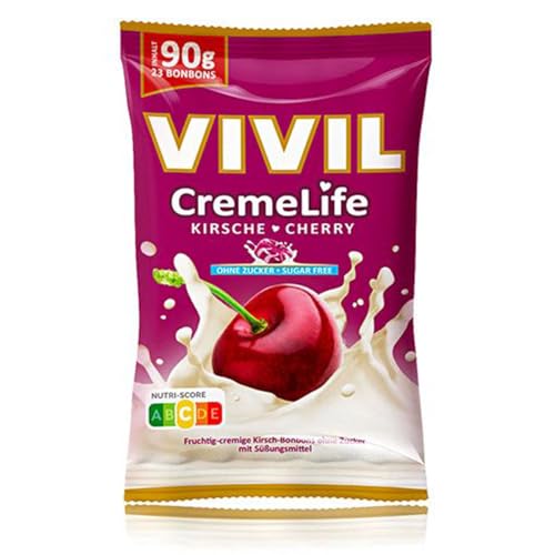 VIVIL Crema Life Cereza, 1 bolsa, caramelos de nata afrutada con sabor a cereza, sin azúcar y sin gluten, 1 x 90 g